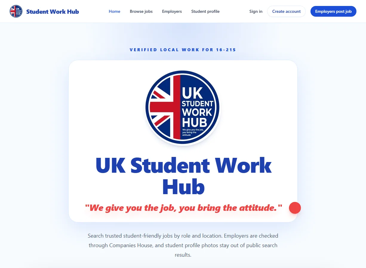 UK Student Work Hub platform screen